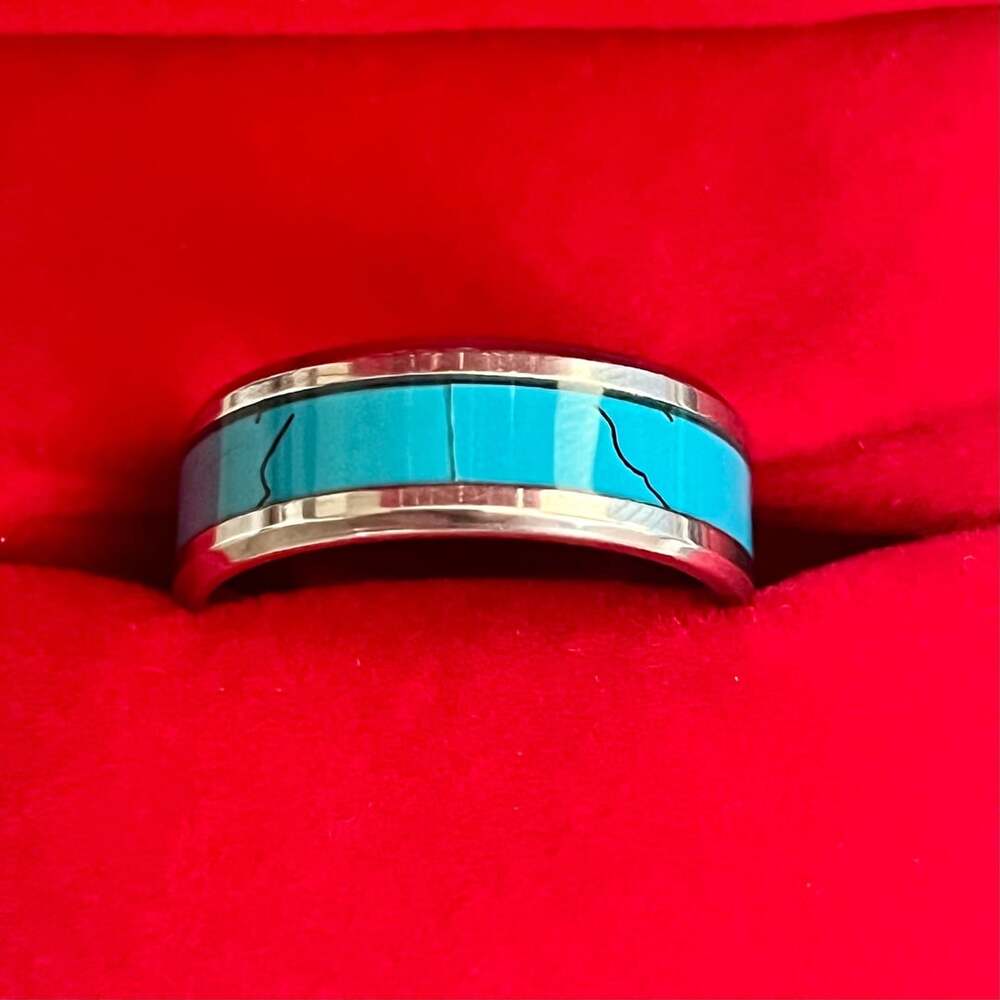 Stainless Steel Turquoise Inlay 6mm Band Ring Size 10